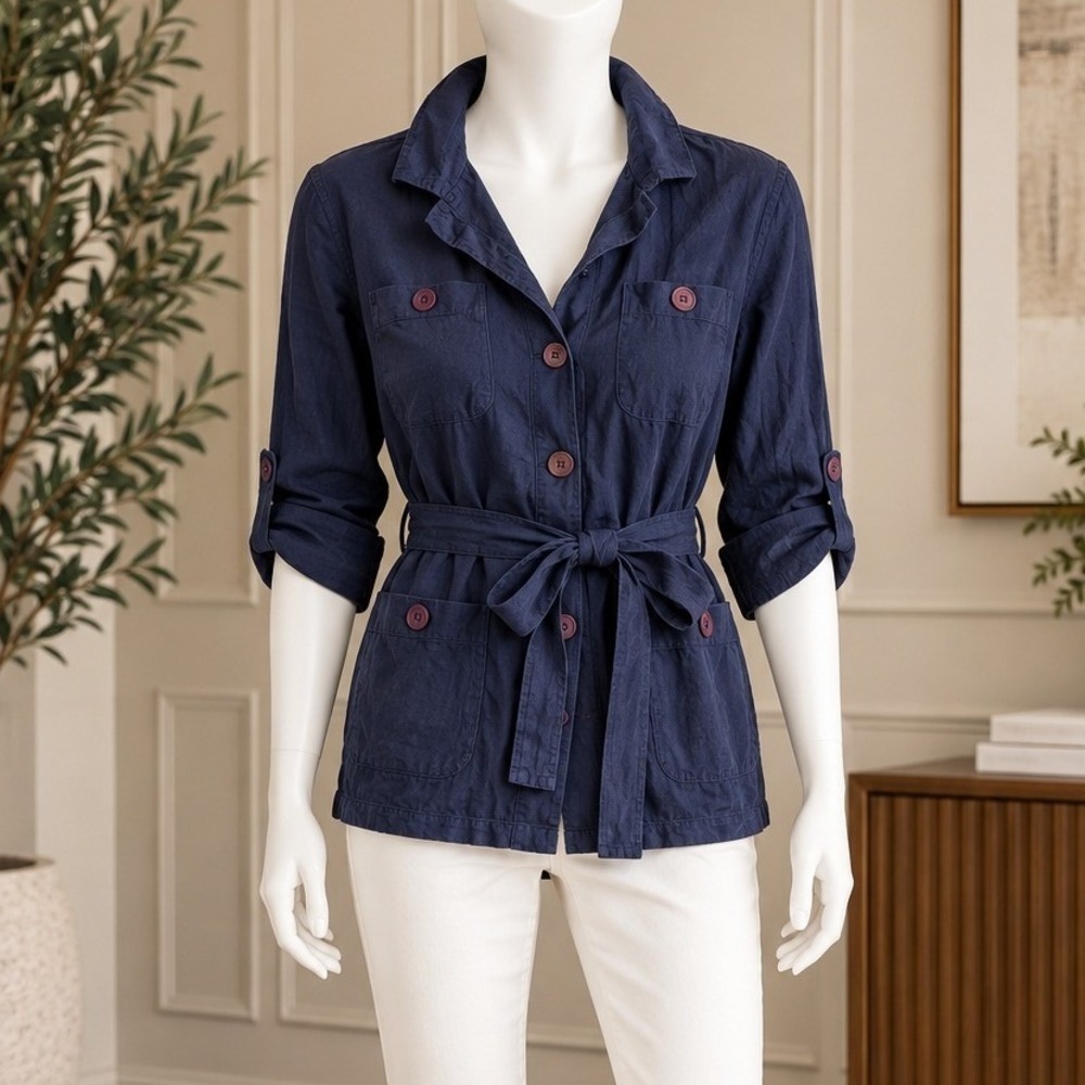 Jessica Holbrook Womens Shirt Jacket Linen Blend Utility Belted Navy Blue Medium